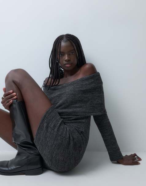 Vero Moda gebreide minijurk met blote schouders en lange mouwen in donkergrijs - view 1