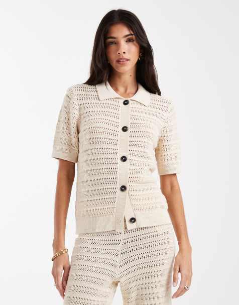 Vero Moda - Gebreide polotop met halve mouwen in berkenkleur, deel van co-ord set - view 1