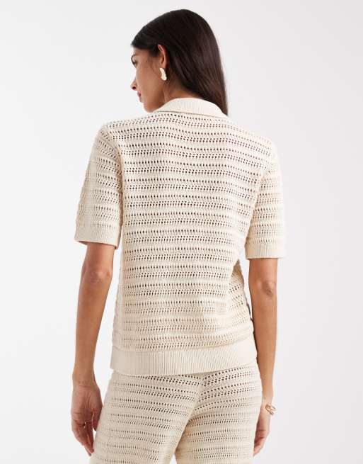 Vero Moda - Gebreide polotop met halve mouwen in berkenkleur, deel van co-ord set, 3 van 4