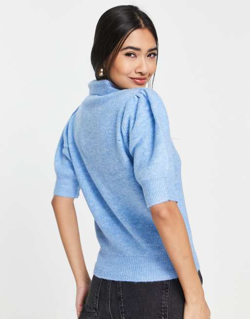 Vero Moda - Gebreide polotop met pofmouw en decoratieve knopen in blauw, 2 van 4