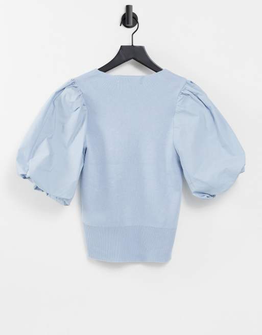 Vero Moda - Gebreide top met v-hals en pofmouwen in lichtblauw, 2 van 4