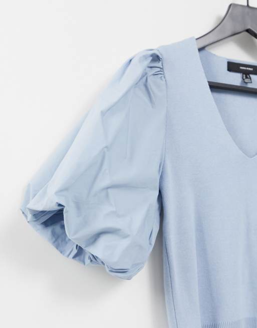 Vero Moda - Gebreide top met v-hals en pofmouwen in lichtblauw, 3 van 4