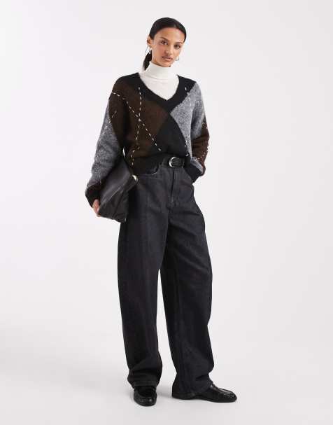 Vero Moda - Gebreide trui met argyle-stiksels in zwart en chocoladebruin - view 1