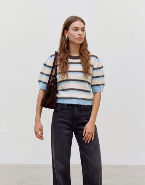 Vero Moda gebreide trui met korte mouwen in bruine en blauwe strepen - view 1