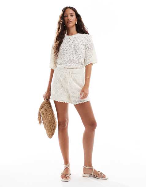 Vero Moda - Gehaakte co-ord set van recht T-shirt en short in berkencrème - view 1