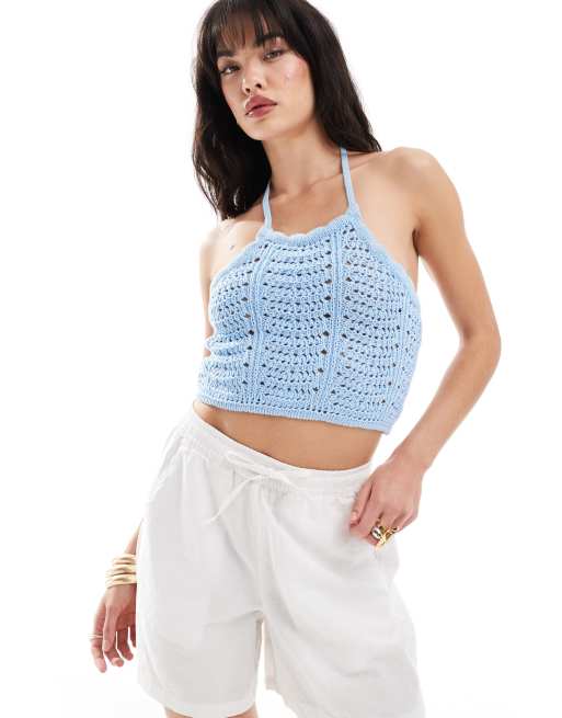 Vero Moda - Gehaakte haltertop in lichtblauw