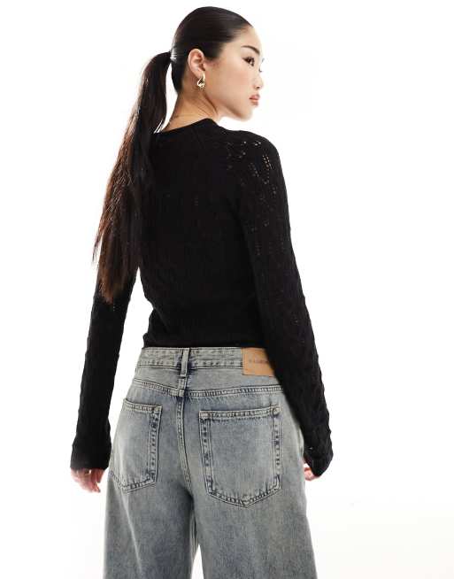 Vero Moda - Gehaakte top met lange mouwen in zwart, 2 van 4