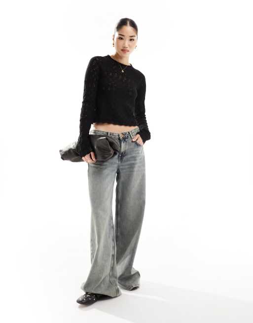 Vero Moda - Gehaakte top met lange mouwen in zwart, 4 van 4