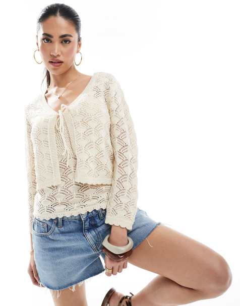 Vero Moda – Gehäkelte Cropped Strickjacke in Cremeweiß, Kombiteil - view 1