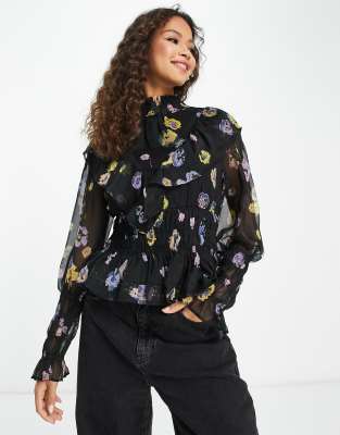 Vero Moda - Geraffte Bluse mit Blumenprint-Bunt