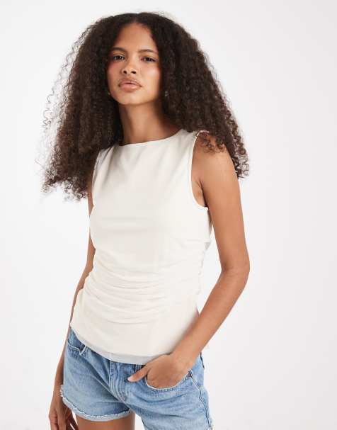 Vero Moda – Gerafftes Tanktop aus Netzstoff in Cremeweiß - view 1