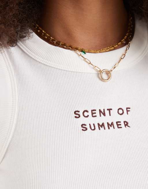Vero Moda - Geribbeld hemdje met 'scent of summer' borduursel in wit, 2 van 4