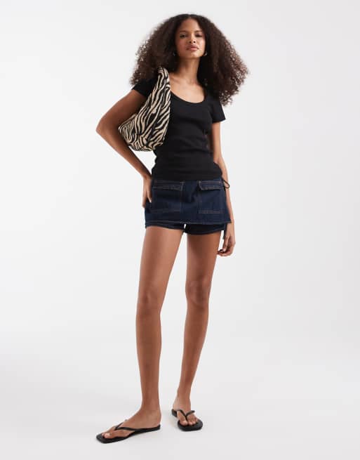 Vero Moda - Geribbeld T-shirt met lage ronde hals in zwart, 2 van 4