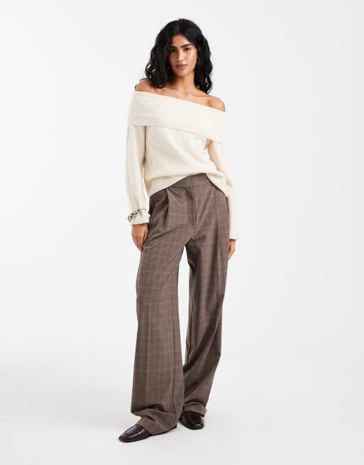 Vero Moda - Geribbelde gebreide trui met omgeslagen bardot-hals in crème, 3 van 4