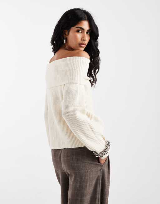 Vero Moda - Geribbelde gebreide trui met omgeslagen bardot-hals in crème, 4 van 4