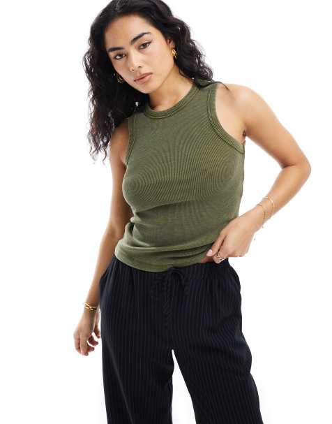 Vero Moda - Geribbelde jersey tanktop in olijfgroen met wassing - view 1