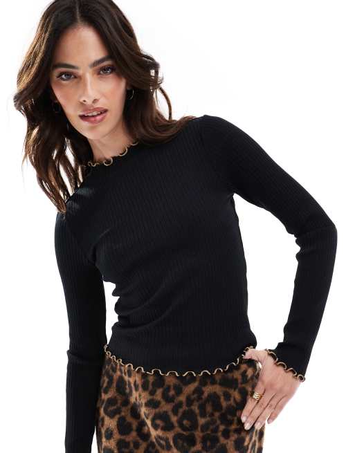Vero Moda - Geribbelde top met lange mouwen in zwart met contrasterende randen in wit