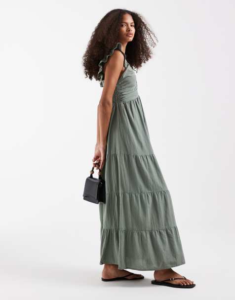 Vero Moda - Gerimpelde maxi jurk van katoen met laag decolleté en stroken in lauriergroen - view 1