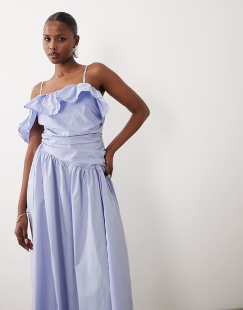 Vero Moda - Gerimpelde midi jurk van katoenen popeline met blote schouder in blauw - view 1
