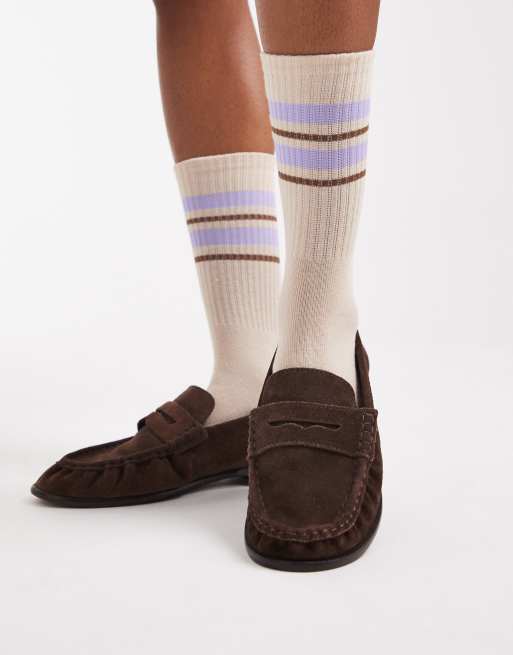 Vero Moda – Gerippte Sportsocken in Hellbeige mit lavendelfarbenen und braunen Streifen, 3 von 3