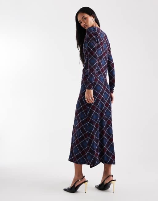 Vero Moda - Geruite midirok in bordeauxrood en blauw, 4 van 5