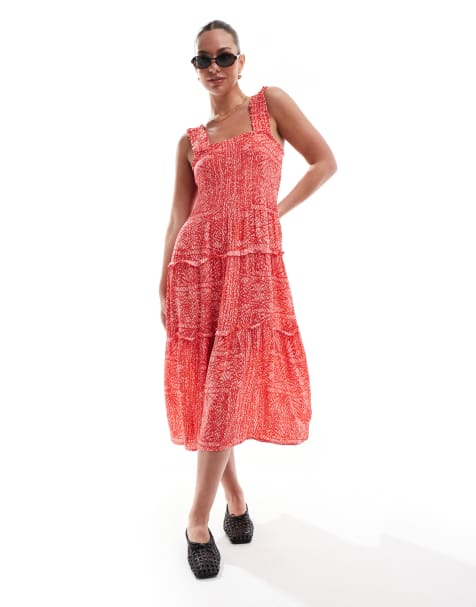 Vero Moda - Gesmokte midi-jurk met bandjes en print in rood - view 1
