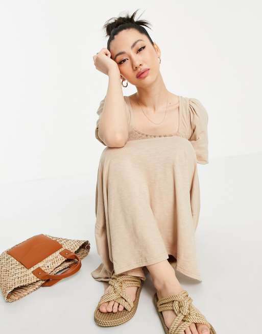 Vero Moda – Gesmoktes Baumwoll-Maxikleid in Beige mit Puffärmeln - BEIGE, 4 von 4