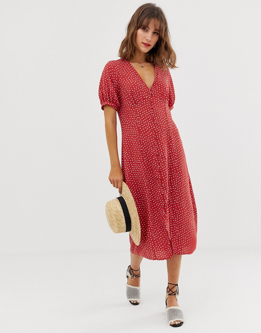 Vero Moda - Gestipte midi-jurk met volumineuze mouwen-Rood