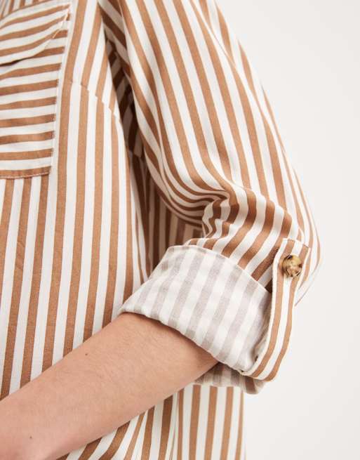 Vero Moda - Gestreept overhemd met zak aan de voorkant in bruin en crème, 4 van 4