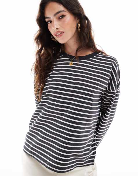 Vero Moda - Gestreept recht T-shirt met lange mouwen in donkergrijs en wit - view 1