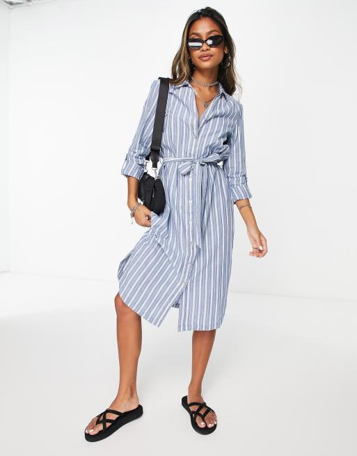 Vero Moda Gestreepte maxi overhemdjurk met lange mouwen in blauw en wit