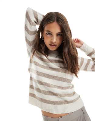 Vero Moda - Gestreifter Strickpullover in creme und beige meliert mit Rundhalsausschnitt-Weiß