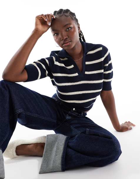 Vero Moda – Gestreiftes Polo-Oberteil aus Baumwollstrick in Marineblau - view 1