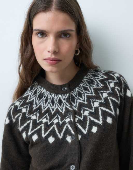 Vero Moda gestrickte Strickjacke mit Norwegermuster in schokobraun meliert, 5 von 5