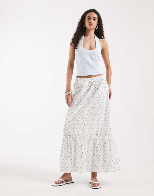 Vero Moda – Gestufter Boho-Maxirock aus Baumwoll-Dobby in Weiß mit kleinem blauem Blumenmuster, 3 von 5