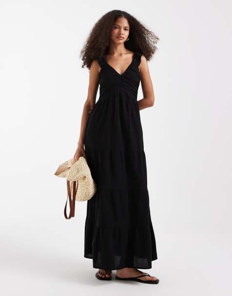 Vero Moda – Gestuftes Baumwoll-Maxikleid in Schwarz mit Raffung und tiefem Ausschnitt - view 1