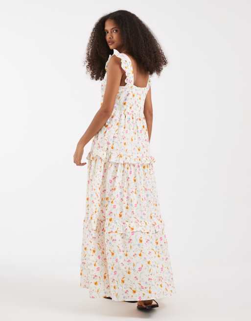Vero Moda – Gestuftes Maxikleid in Cremeweiß mit Rüschenbesatz und Blumenmuster, 4 von 4