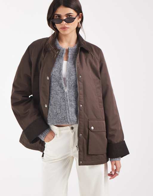 Vero Moda giacca barn con bordi in corduroy a contrasto color marrone cioccolato
