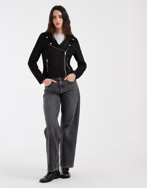 Vero Moda giacca biker in camoscio sintetico con effetto slavato nera, 2 di 4