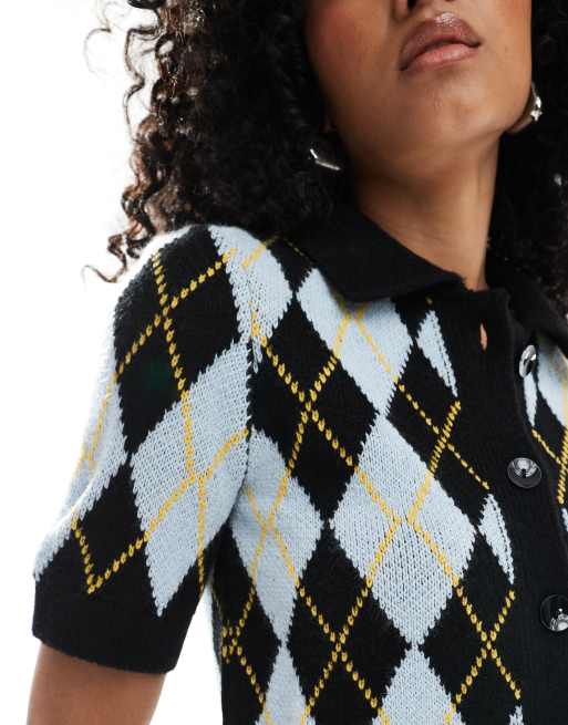Vero Moda - Gilet à manches courtes et col polo à imprimé losanges - Bleu, 2 de 4