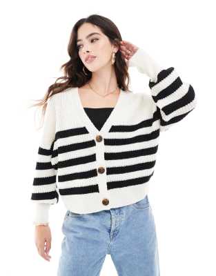 Gilet boutonné en maille côtelée épaisse - Blanc et noir rayé XS