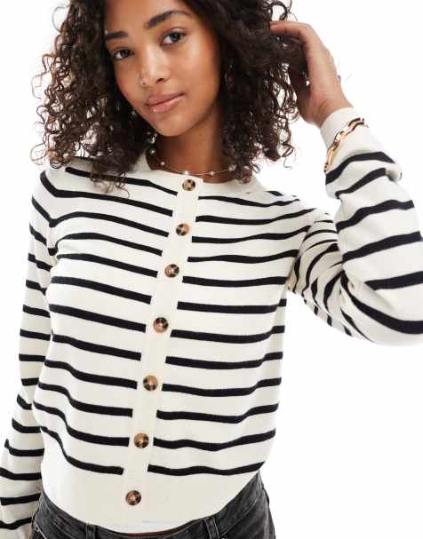 Vero Moda - Gilet boutonné en maille douce - Crème et noir rayé - view 1