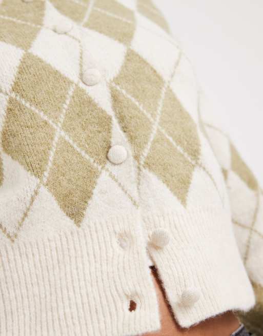 Vero Moda - Gilet court en maille à losanges et carreaux - Kaki, 2 de 4