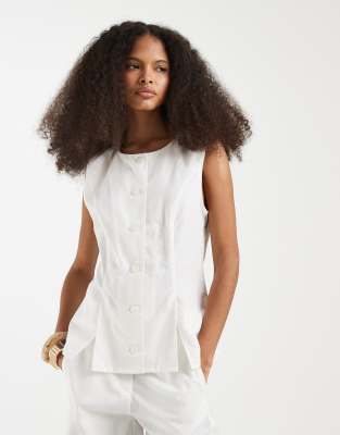 Gilet de costume d'ensemble ajusté aspect lin - Blanc XL