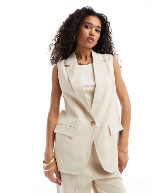 Vero Moda Ensemble avec pantalon ample et gilet de tailleur long Creme ASOS