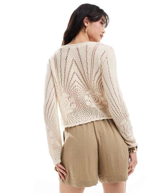 Vero Moda - Gilet en maille au crochet noué devant - Crème, 4 de 4