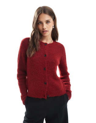 Vero Moda - Gilet en maille duveteuse douce au toucher avec col rond - Bordeaux-Rouge