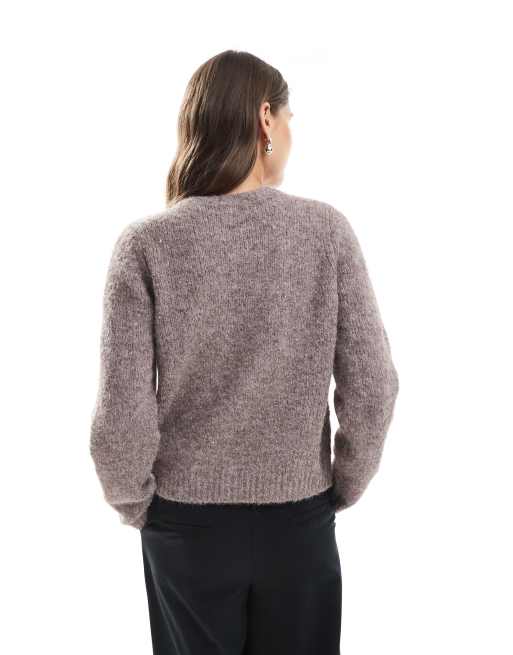 Vero Moda - Gilet en maille duveteuse douce au toucher avec col rond - Fossile chiné, 4 de 4