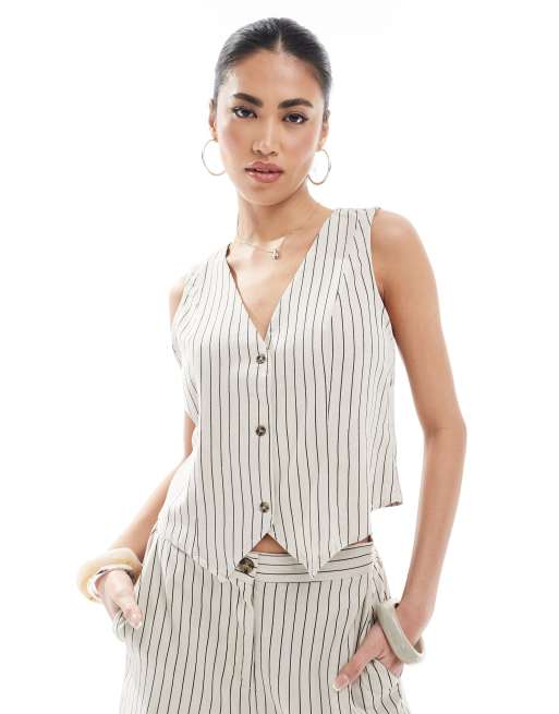 Vero Moda - Gilet in misto lino color pietra a righe in coordinato