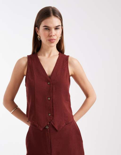 Vero Moda - Gilet sartoriale in misto lino bordeaux in coordinato